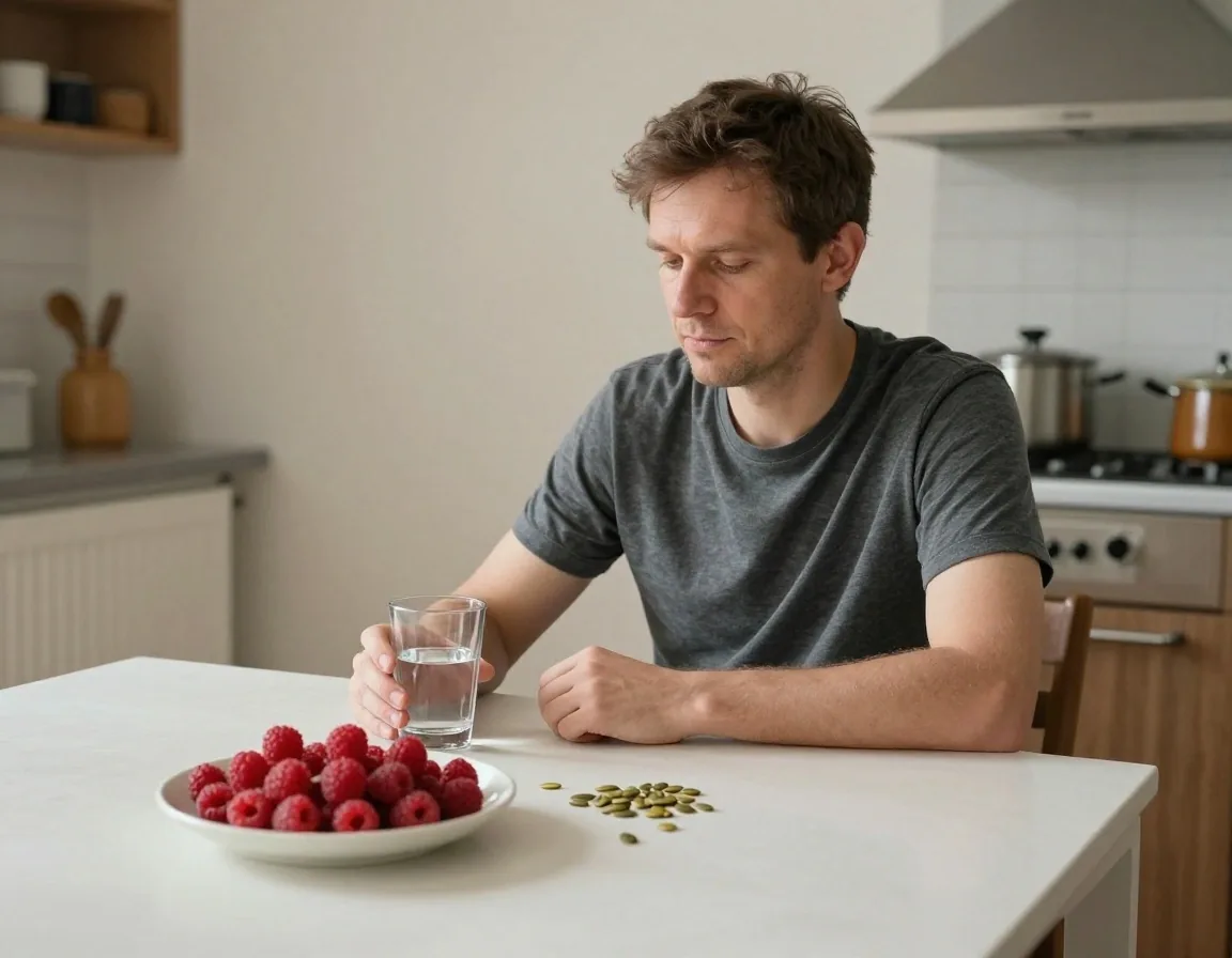 Mężczyzna przy kuchennym stole obok szklanki wody i miseczki owoców