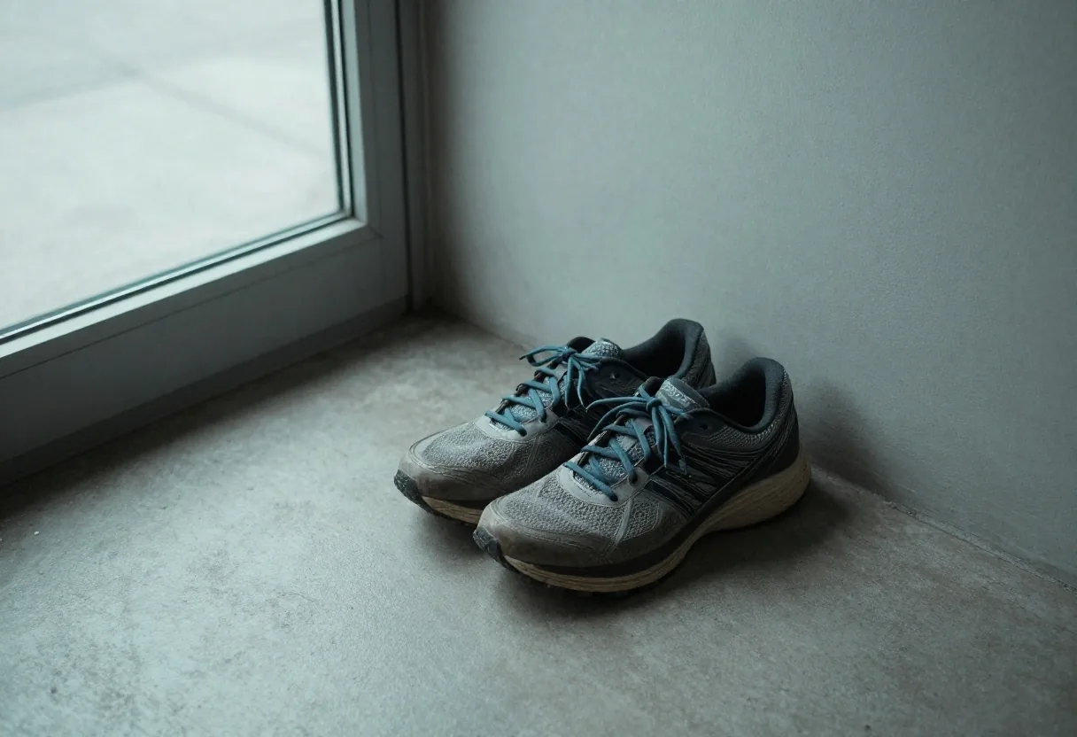 Buty do biegania na betonowej podłodze przy jasnym oknie